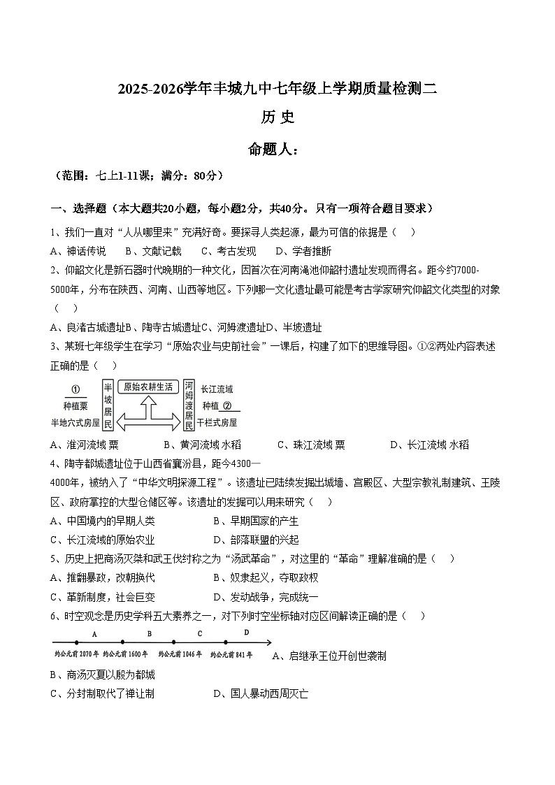 江西省宜春市丰城市第九中学2025_2026学年七年级上学期第二次月考历史试题（文字版，含答案）第1页
