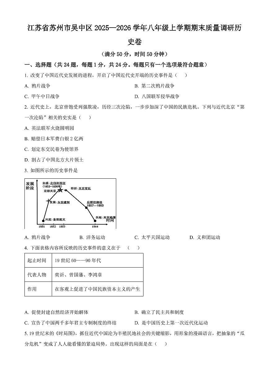 江苏苏州市吴中区2025-2026学年八年级上学期期末质量调研历史卷（试卷+解析）第1页
