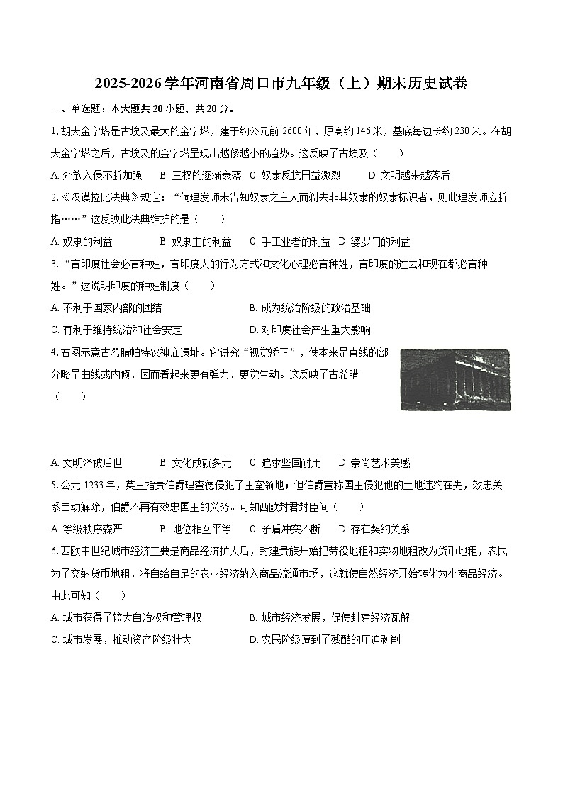 2025-2026学年河南省周口市九年级（上）期末历史试卷-自定义类型第1页