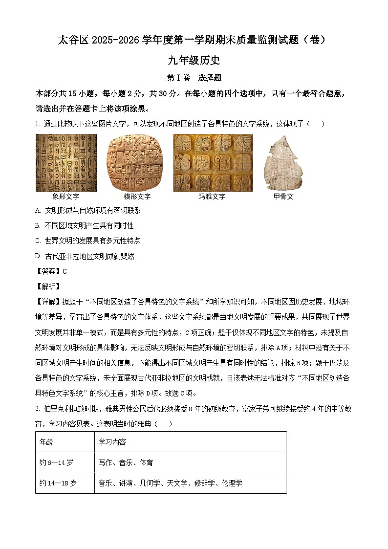 _山西晋中市太谷区2025-2026学年九年级上学期期末考试历史试题（含解析）第1页