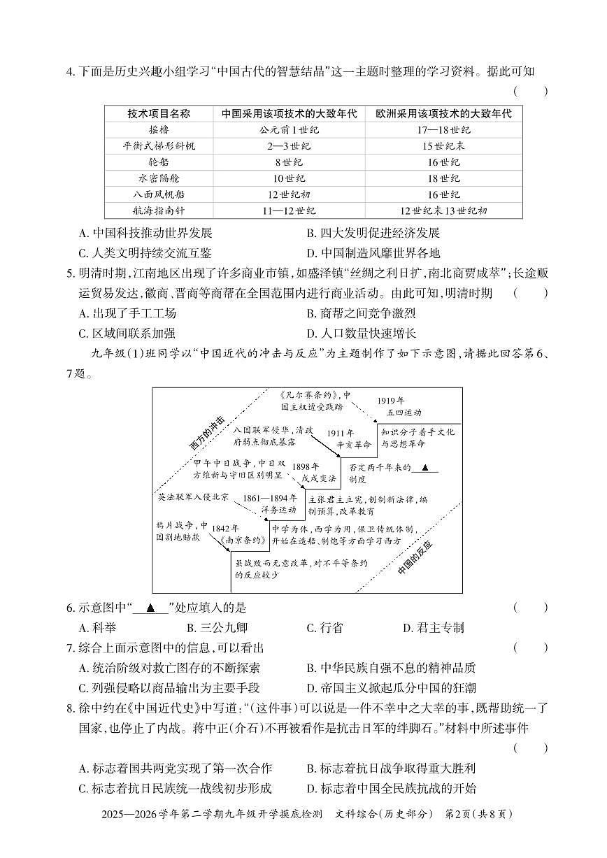 【历史】2025-2026学年第二学期九年级开学摸底检测第2页