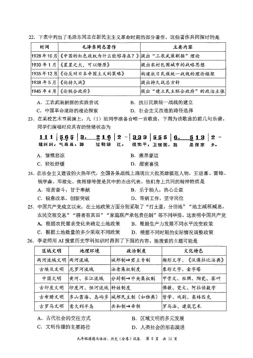 2025年深圳市龙华区中考二模历史试卷含答案第3页
