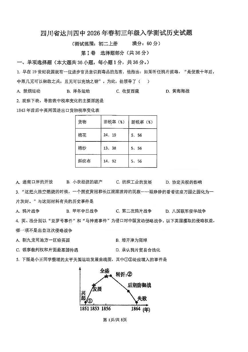 四川达州市达川第四中学2025-2026学年 下学期入学检测九年级历史试题（无答案）第1页