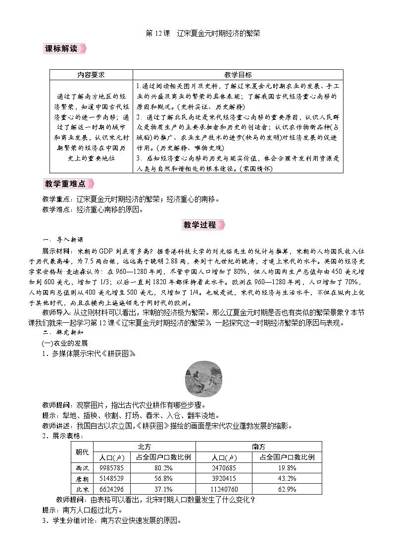2026年七年级下册历史 人教版（2024）教案第12课  辽宋夏金元时期经济的繁荣第1页
