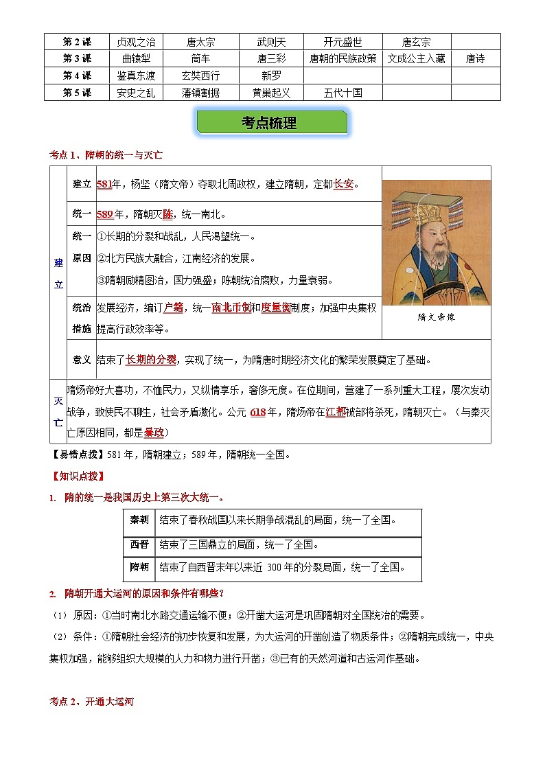 2026学年中考历史一轮复习——隋唐时期练习（含答案）第2页