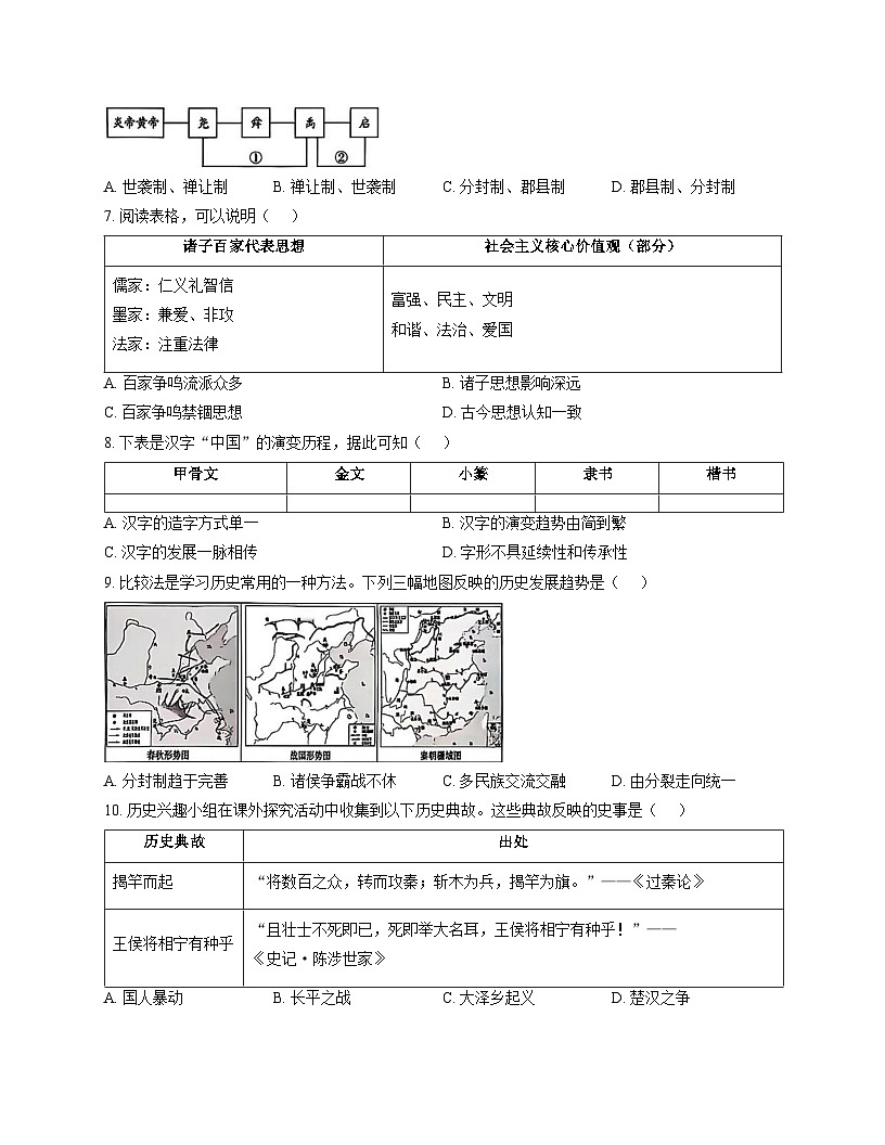 内蒙古自治区呼和浩特市新城区2025_2026学年七年级上学期11月期中历史试题（文字版，含答案）第2页