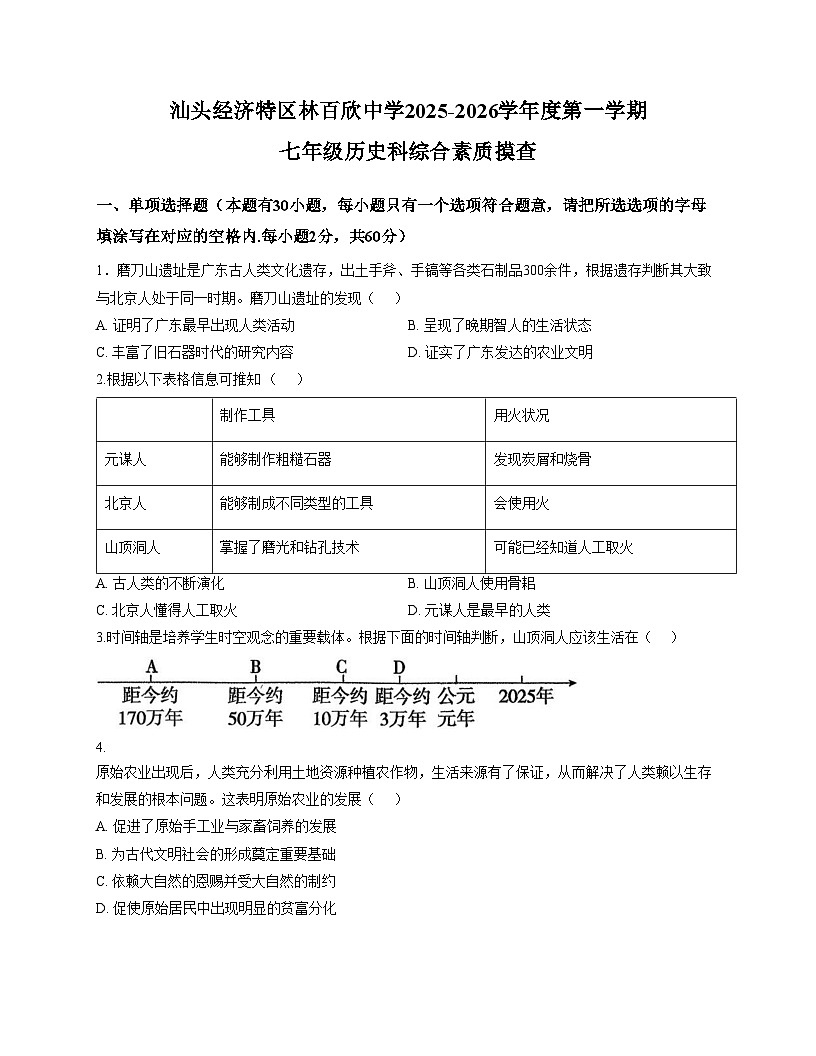广东省汕头经济特区林百欣中学2025_2026学年七年级上学期11月期中历史试题 （文字版，含答案）第1页