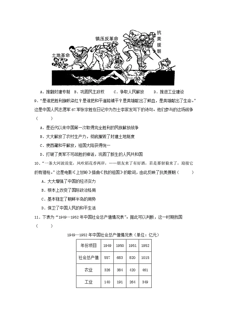 统编版2024初中历史八下第一单元《中华人民共和国成立和社会主义制度的建立》单元测试卷 含答案第3页