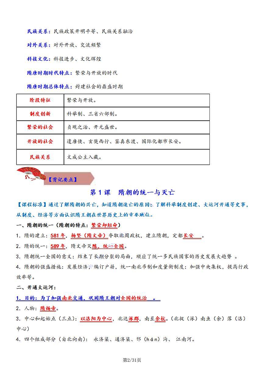 2024学年七年级历史下学期期末背记要点复习归纳试卷第2页