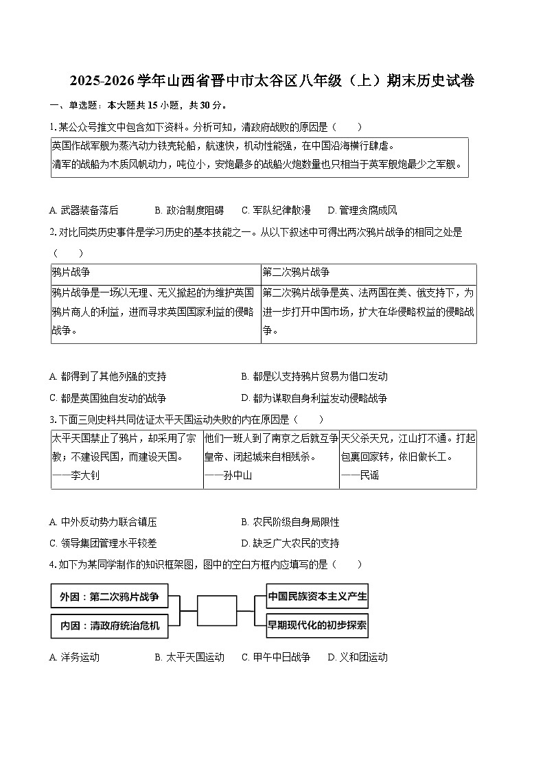 2025-2026学年山西省晋中市太谷区八年级（上）期末历史试卷-自定义类型第1页