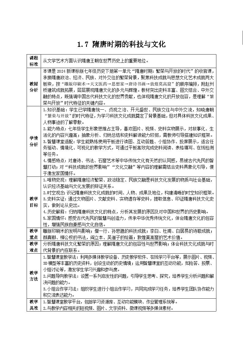 1.7 隋唐时期的科技与文化（智慧课堂表格式教学设计）-2025-2026学年部编版（2024年新课标）七年级历史下册第1页