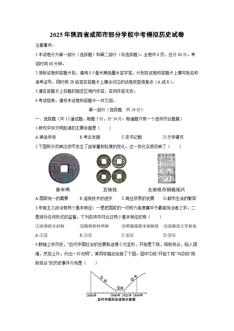 2025年陕西省咸阳市部分学校中考模拟历史试卷（学生版）第1页