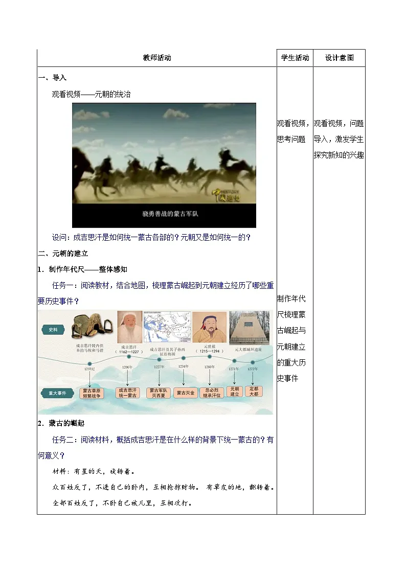 统编版2024初中历史七下2-11《元朝的建立与统一》【表格式教学设计】第2页