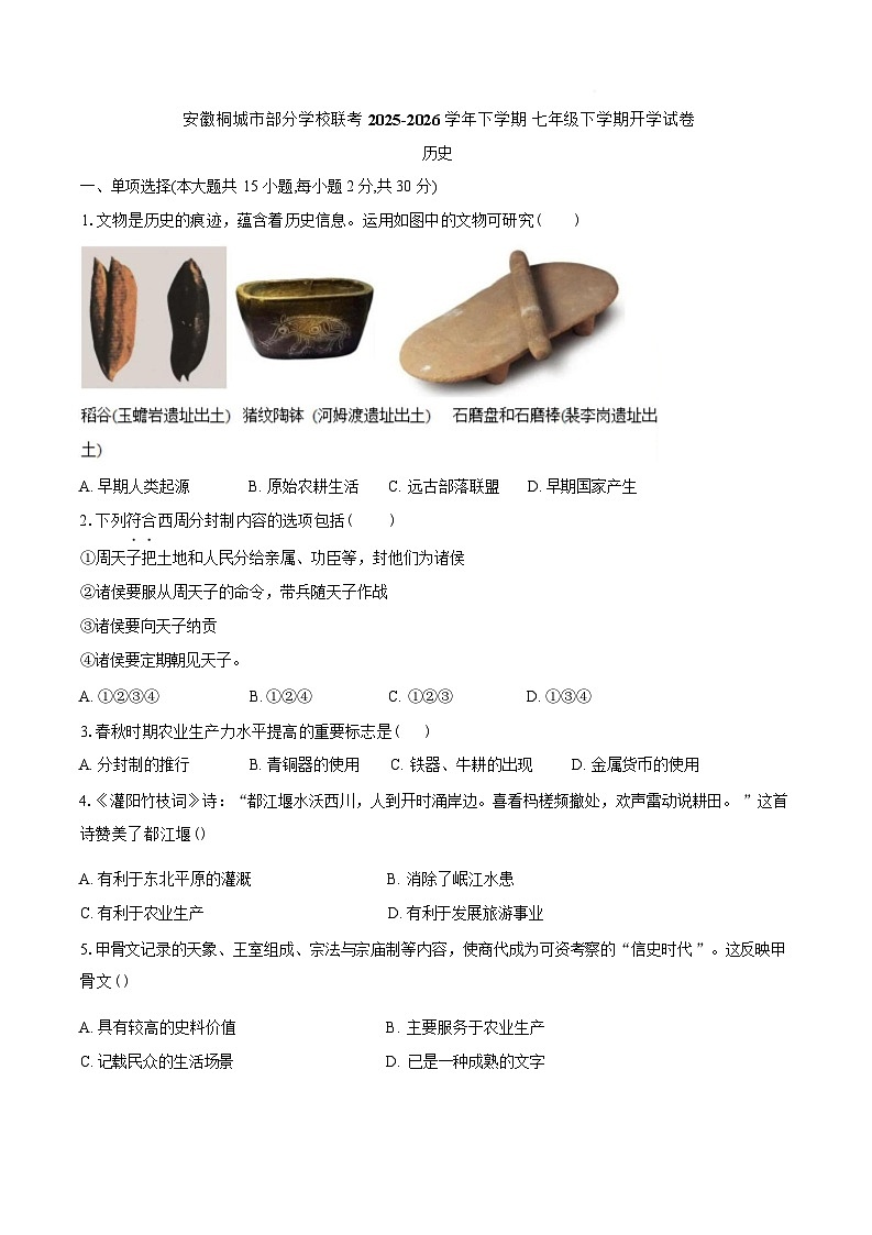 安徽省安庆市桐城市部分学校2025-2026学年七年级下学期阶段考历史试题含答案第1页