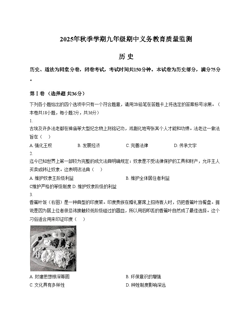 广西壮族自治区南宁市第四十七中学2025_2026学年九年级上学期11月期中历史试题（扫描版，含答案）第1页