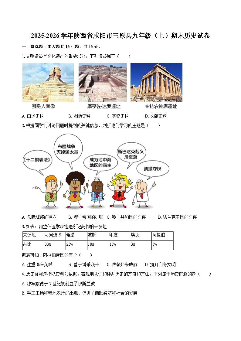 2025-2026学年陕西省咸阳市三原县九年级（上）期末历史试卷-自定义类型第1页