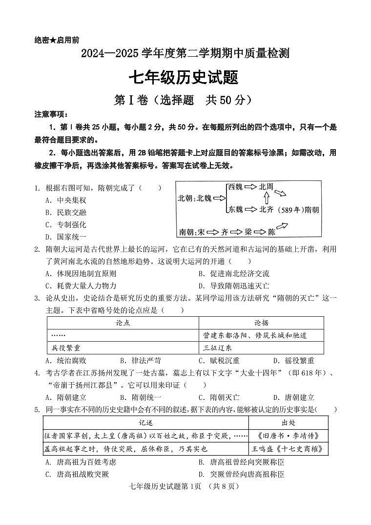 山东省济南市历城区2024-2025学年七年级下册期中历史试题第1页