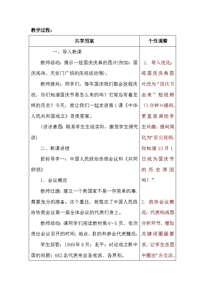 【新教材】统编版（2024）八年级下册第一单元 中华人民共和国成立和社会主义制度建立（1-4课）教案第2页