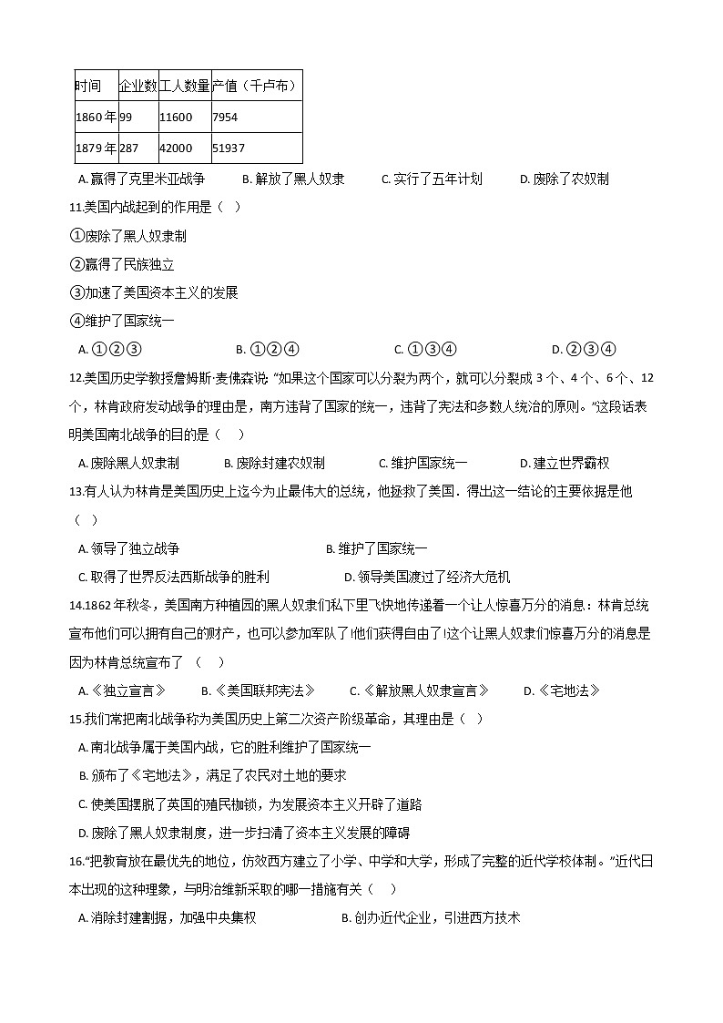 第一单元 《殖民地人民的反抗与资本主义制度的扩展》单元测试 (Word版有答案)02