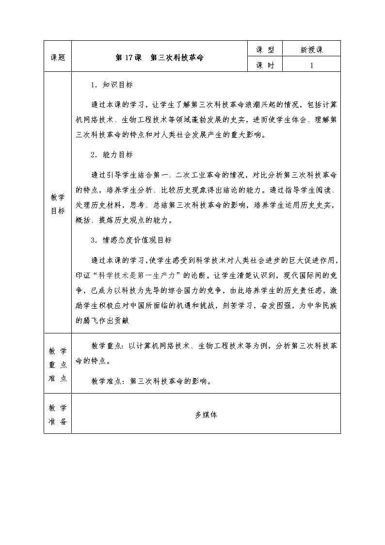人教版九年级历史下册全册教案第17课 第三次科技革命第1页