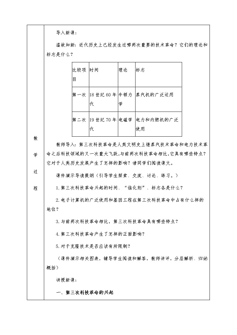 人教版九年级历史下册全册教案第17课 第三次科技革命第2页