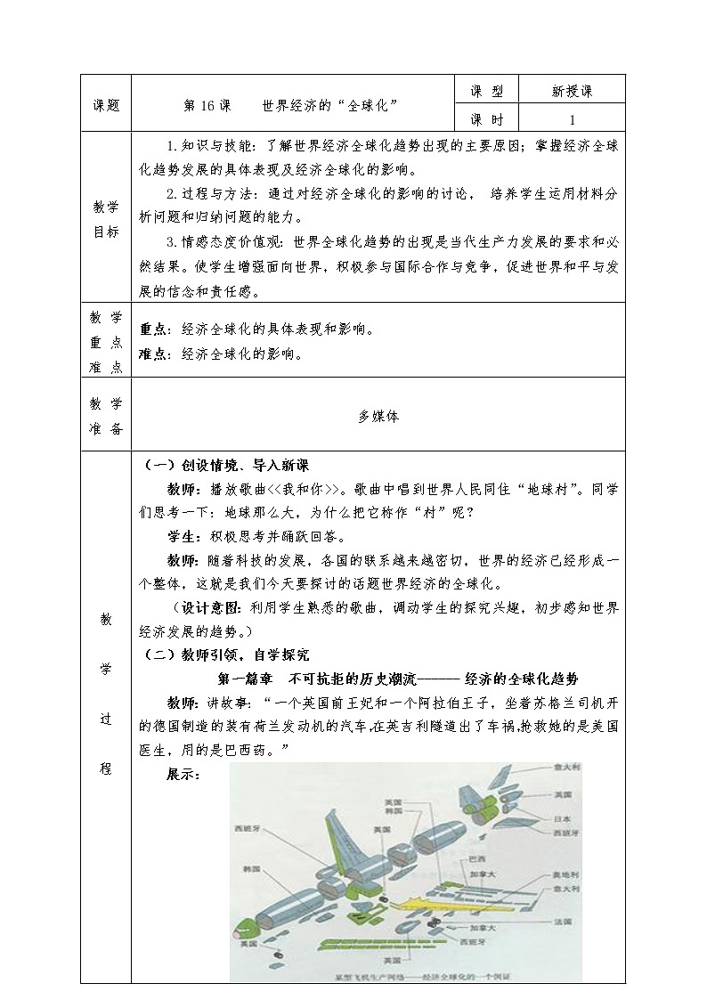 人教版九年级历史下册全册教案第16课 世界经济的“全球化”01