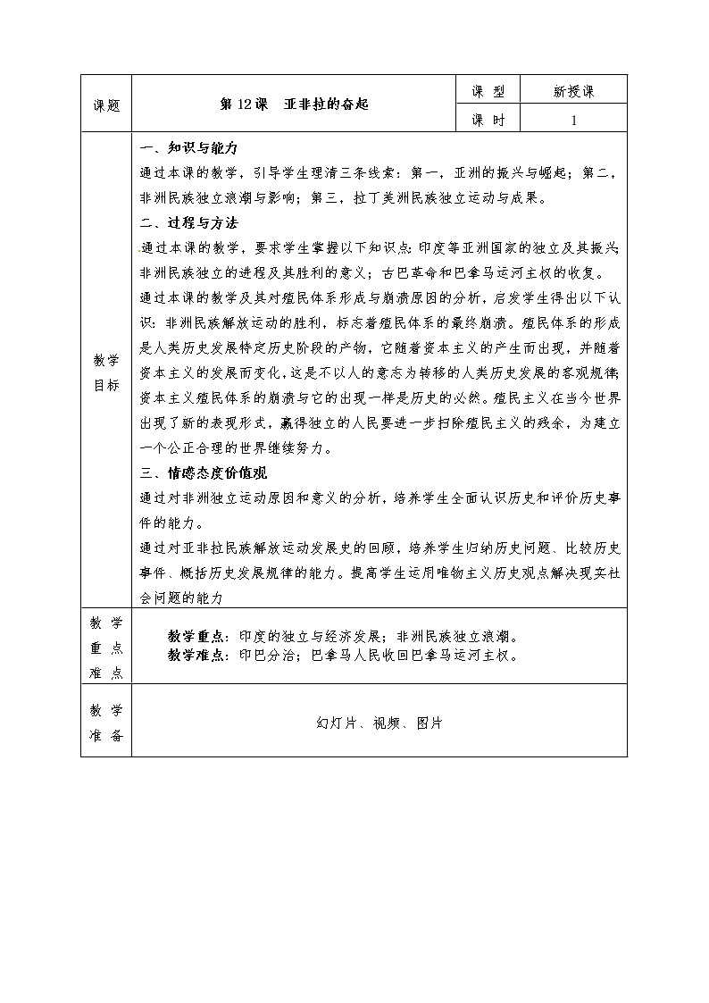 人教版九年级历史下册全册教案第12课 亚非拉的奋起01