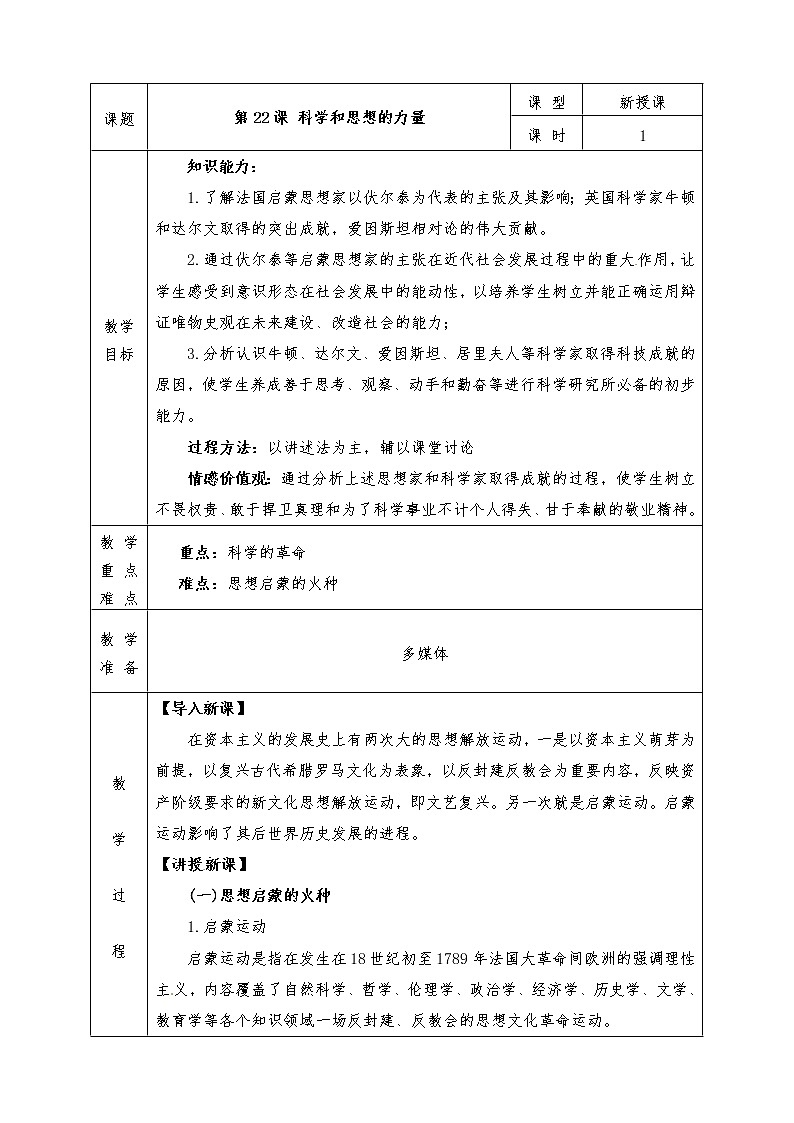 人教版九年级历史上册全册教案第22课 科学和思想的力量第1页