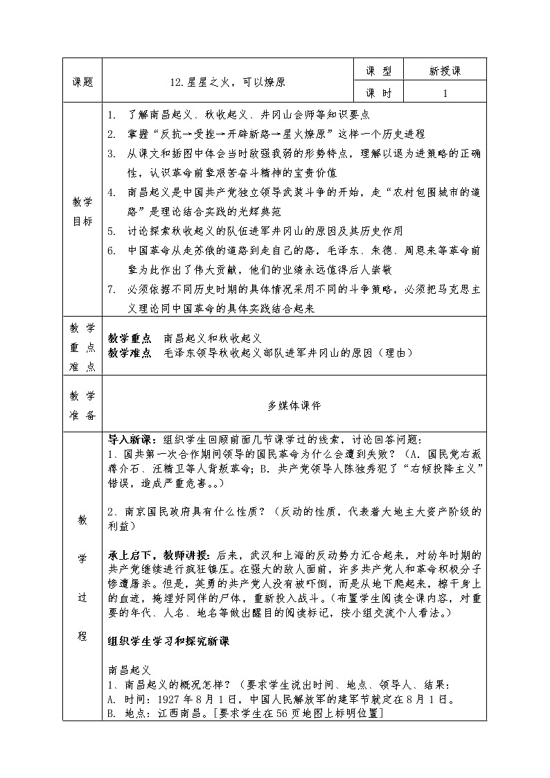 人教版八年级上册历史全册教案12. 星星之火，可以燎原第1页