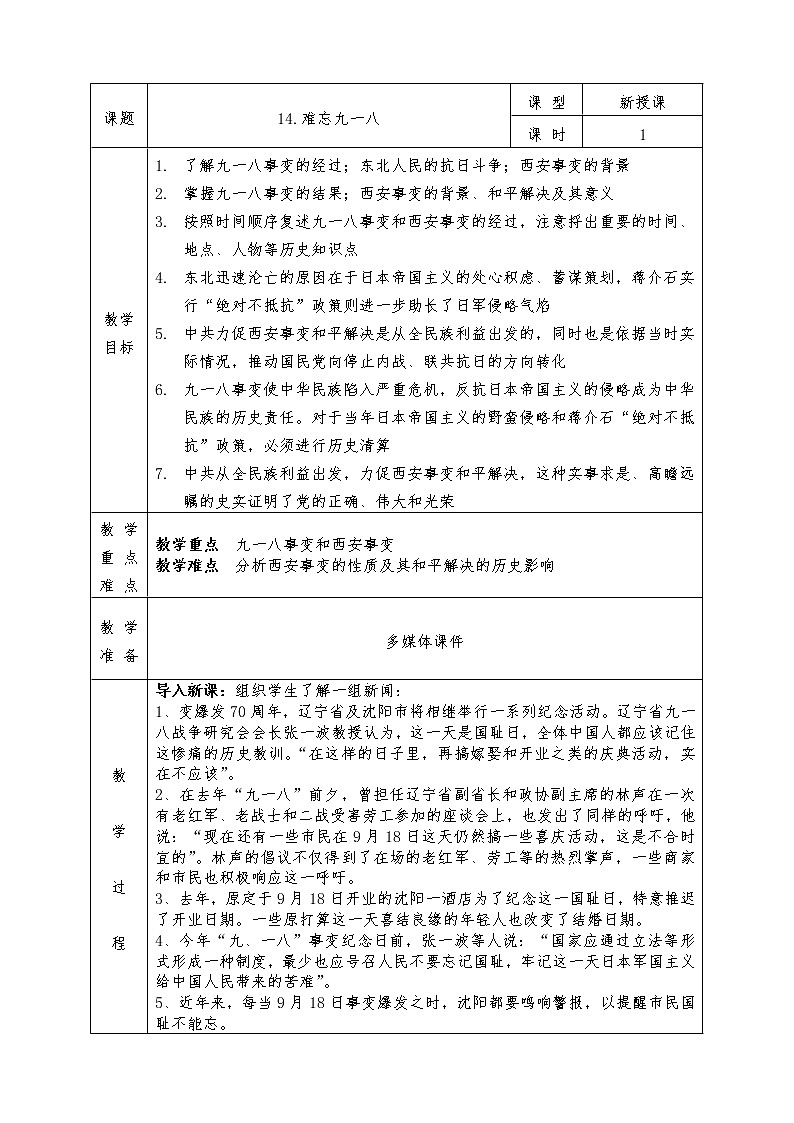 人教版八年级上册历史全册教案14. 难忘九一八第1页