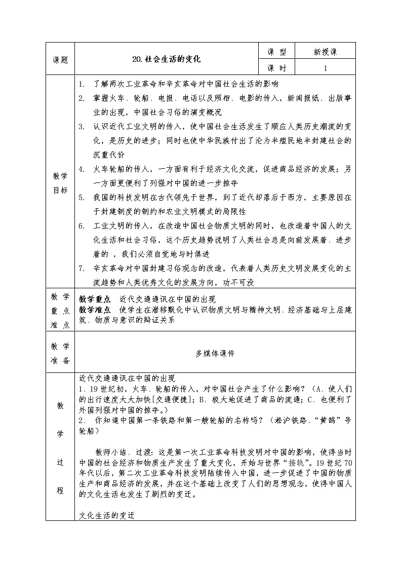 人教版八年级上册历史全册教案20. 社会生活的变化第1页