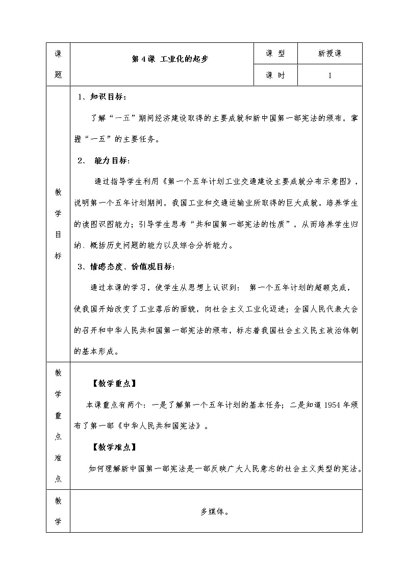 人教版八年级下册历史全册教案第4课 工业化的起步01