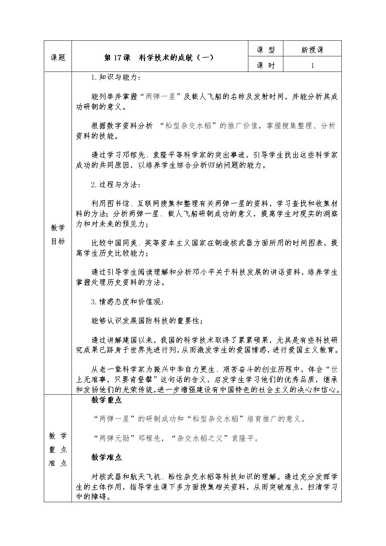 人教版八年级下册历史全册教案第17课 科学技术的成就(一)01