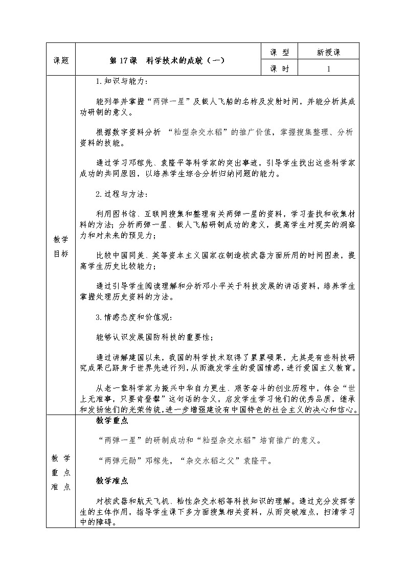 人教版八年级下册历史全册教案第17课 科学技术的成就(一)01
