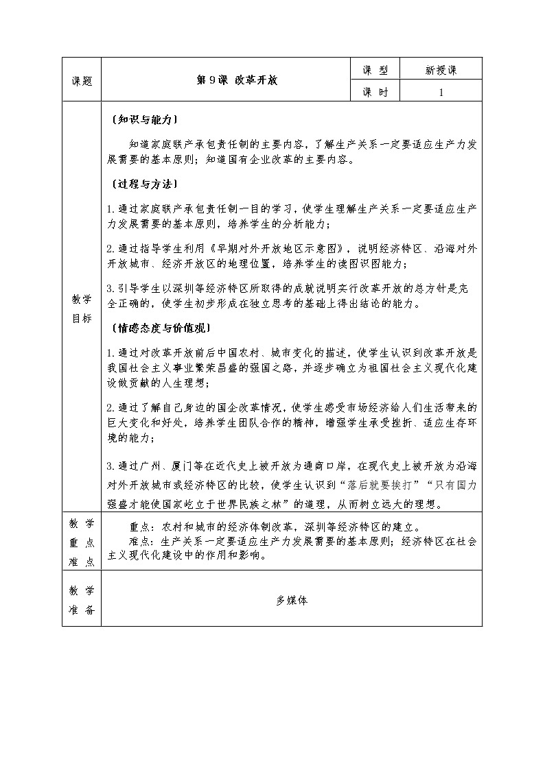人教版八年级下册历史全册教案第9课 改革开放01