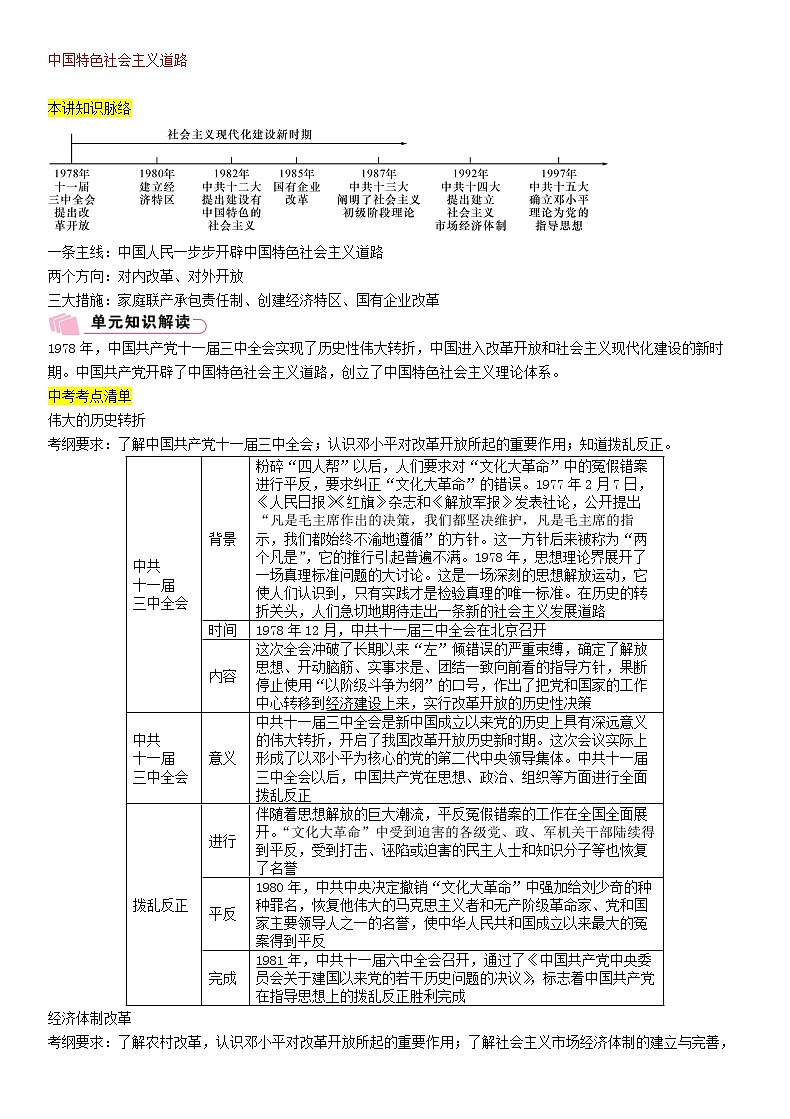2021年中考历史总复习知识点：模块二中国现代史第11讲《中国特色社会主义道路》01