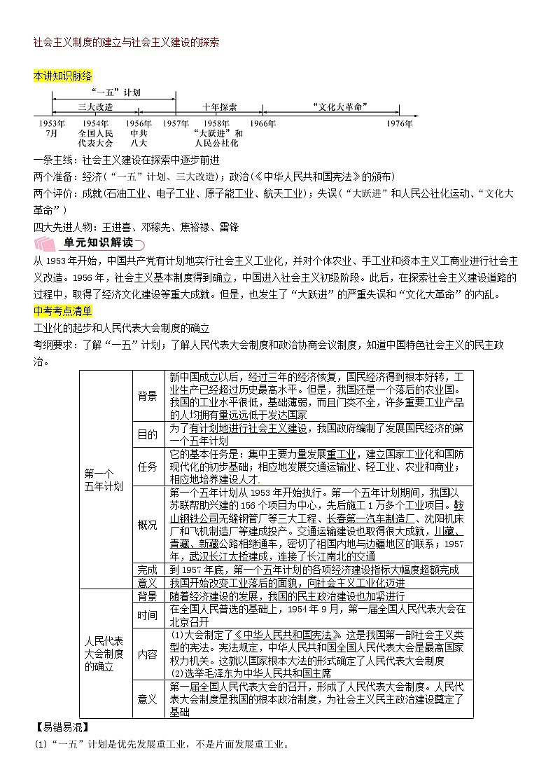 2021年中考历史总复习知识点：模块二中国现代史第10讲《社会主义制度的建立与社会主义建设的探索》01