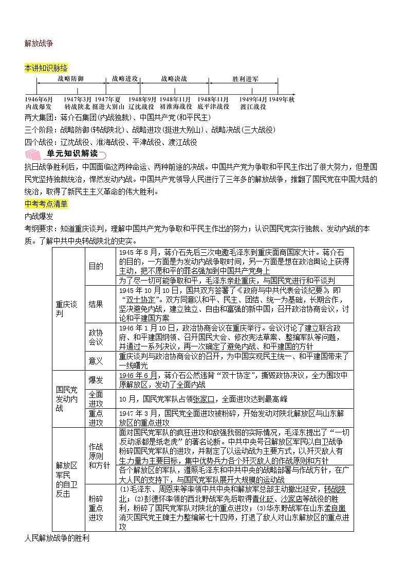 2021年中考历史总复习知识点：模块一中国近代史第7讲《解放战争》01