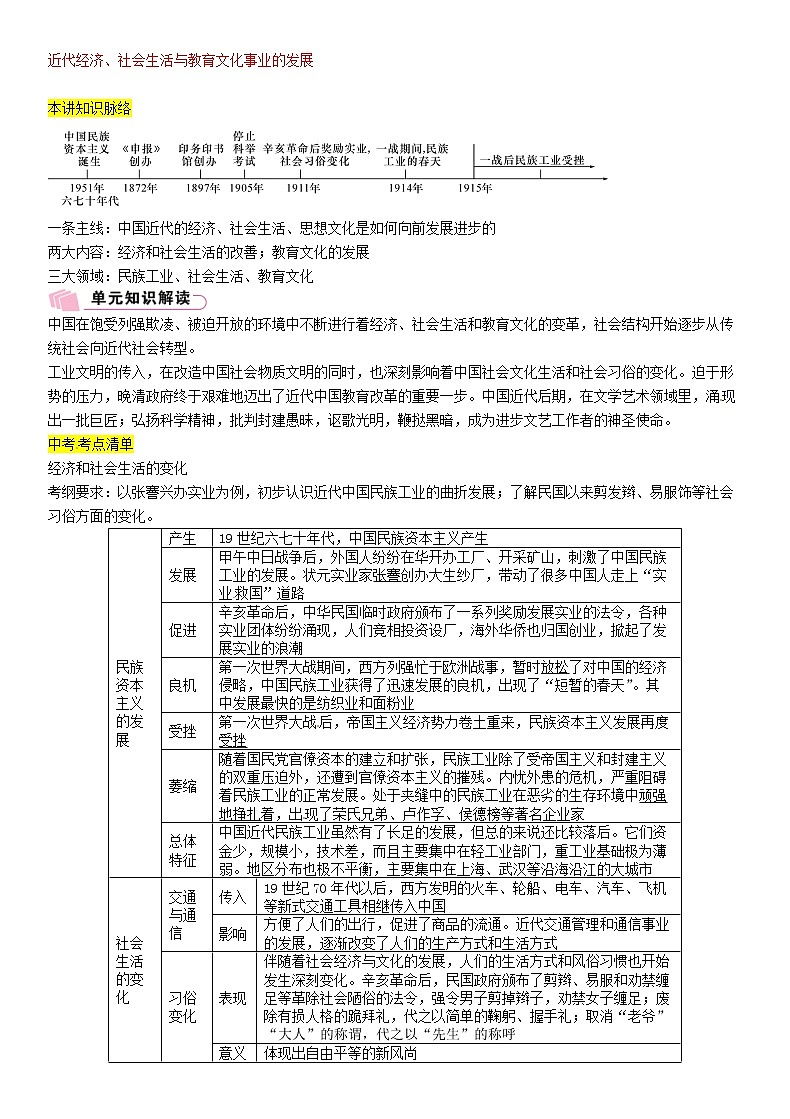 2021年中考历史总复习知识点：模块一中国近代史第8讲《近代经济社会生活与教育文化事业的发展》01