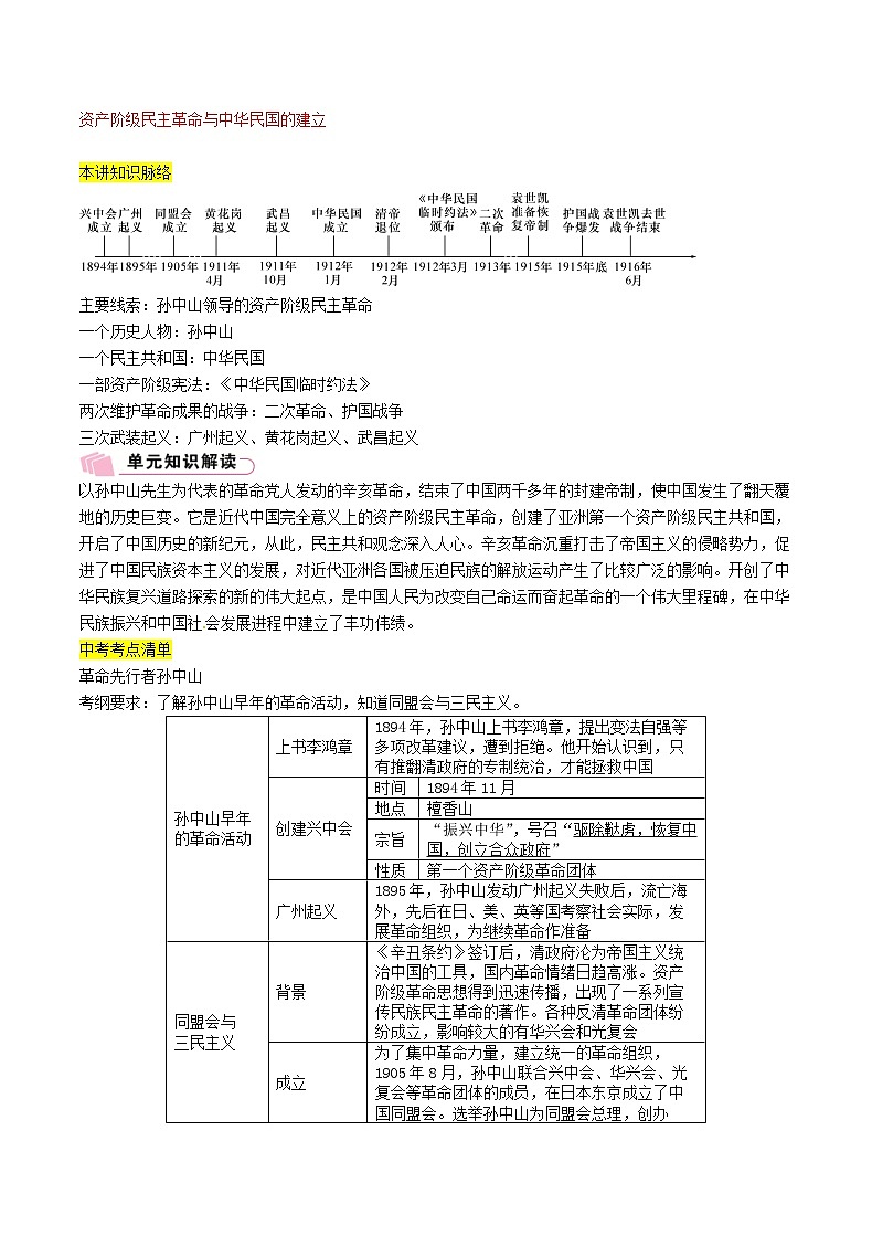 2021年中考历史总复习知识点：模块一中国近代史第3讲《资产阶级民主革命与中华民国的建立》01