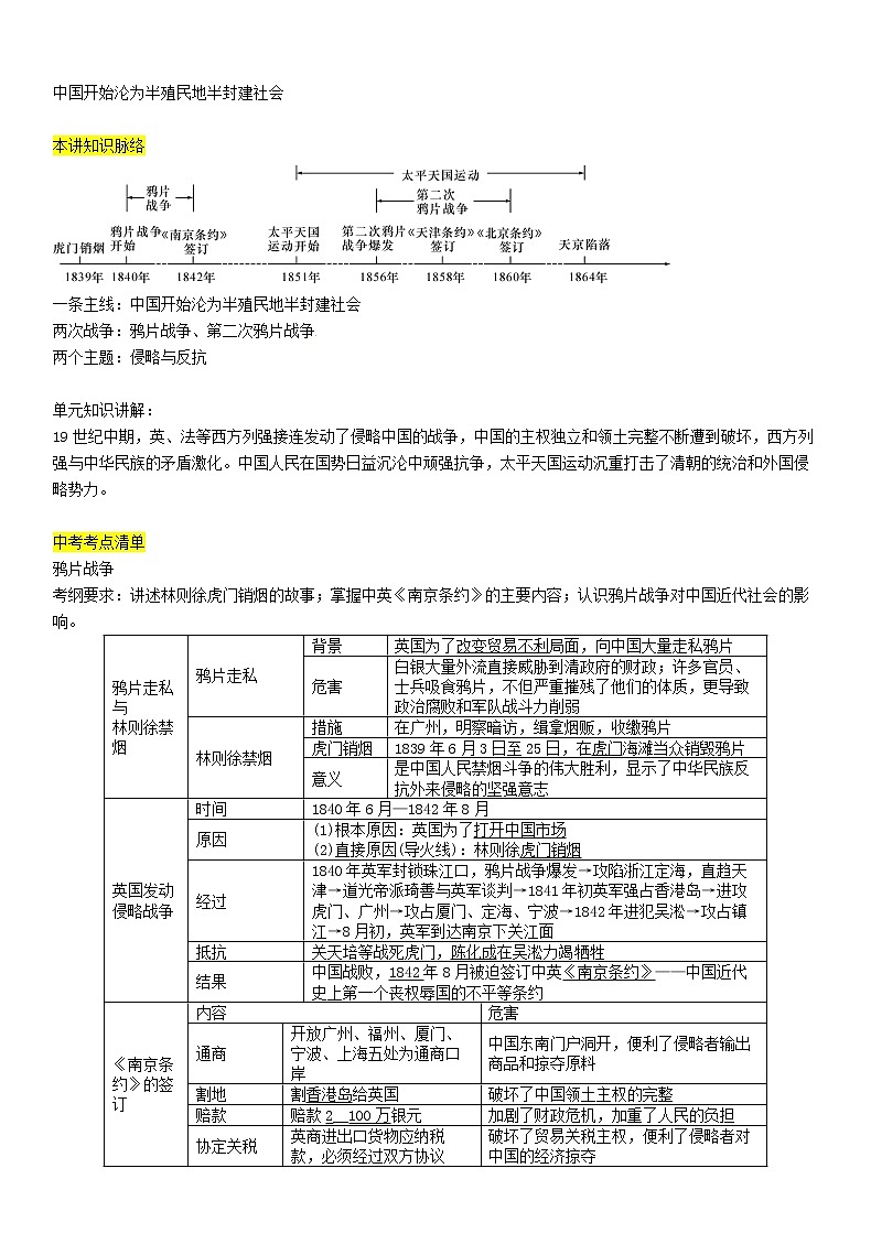 2021年中考历史总复习知识点：模块一中国近代史第1讲《中国开始沦为半殖民地半封建社会》01