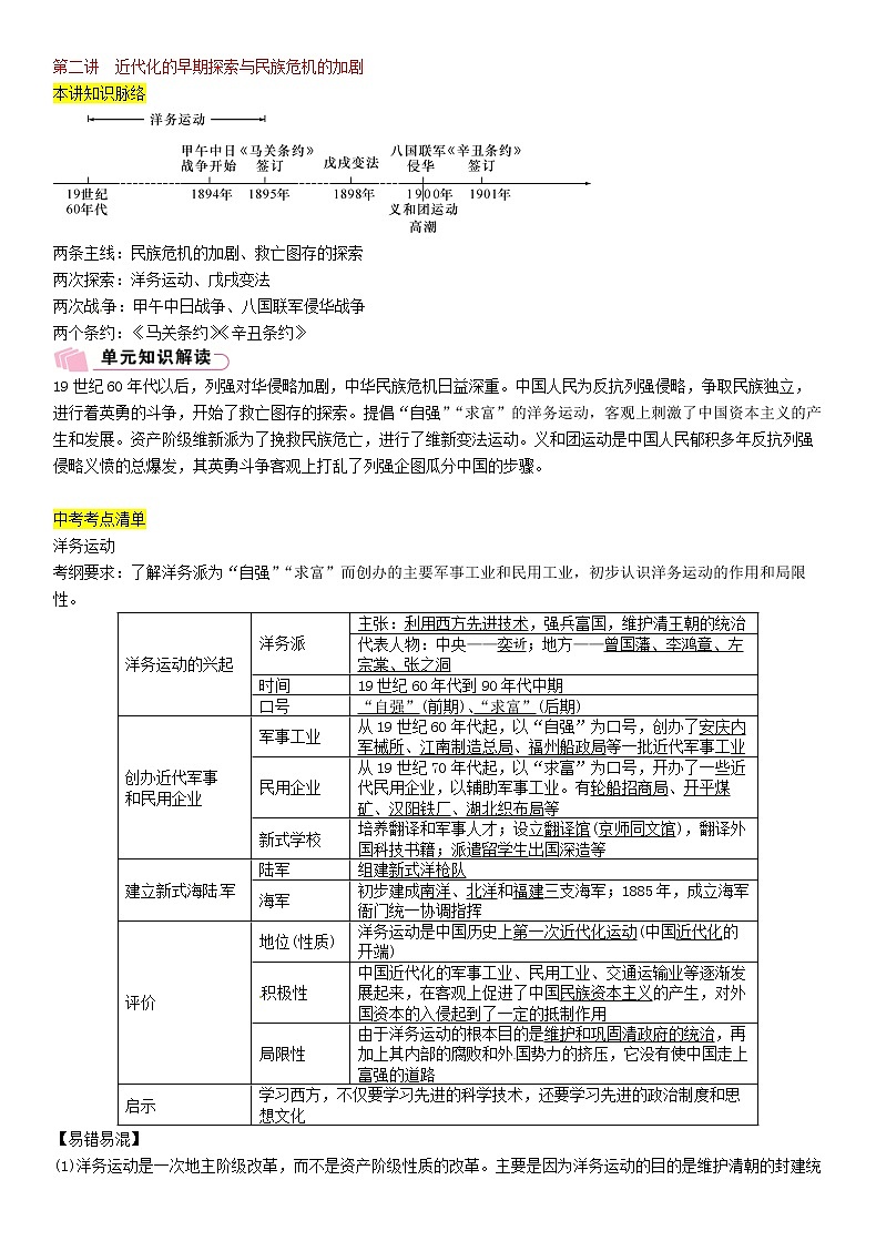 2021年中考历史总复习知识点：模块一中国近代史第2讲《近代化的早期探索与民族危机的加剧》01