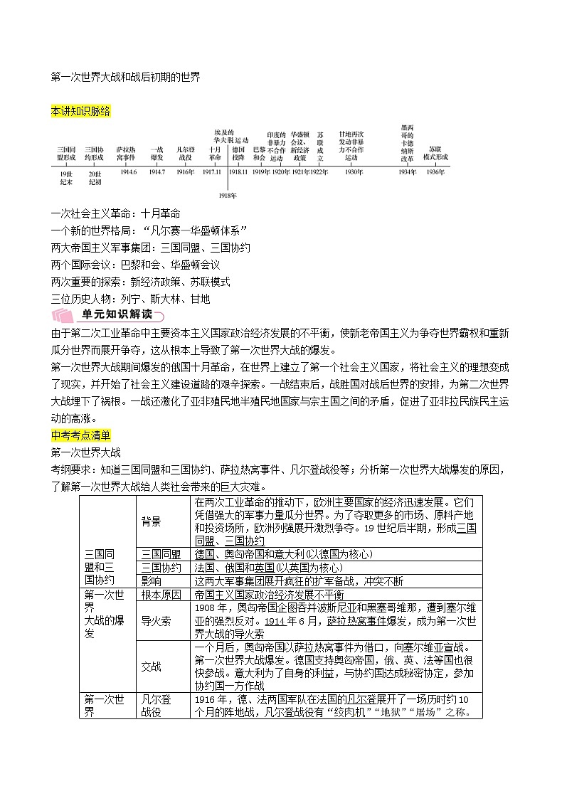 2021年中考历史总复习知识点：模块四世界现代史第20讲《第一次世界大战和战后初期的世界》01