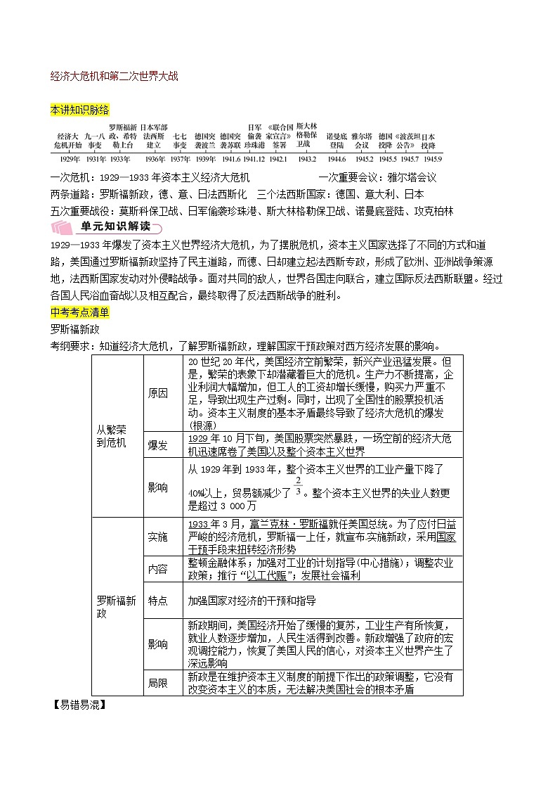 2021年中考历史总复习知识点：模块四世界现代史第21讲《经济大危机和第二次世界大战》01