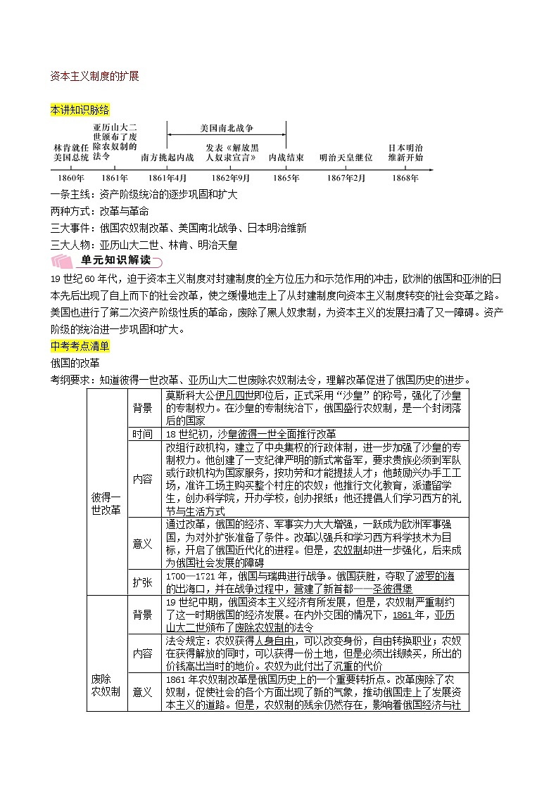 2021年中考历史总复习知识点：模块三世界近代史第18讲《资本主义制度的扩展》01