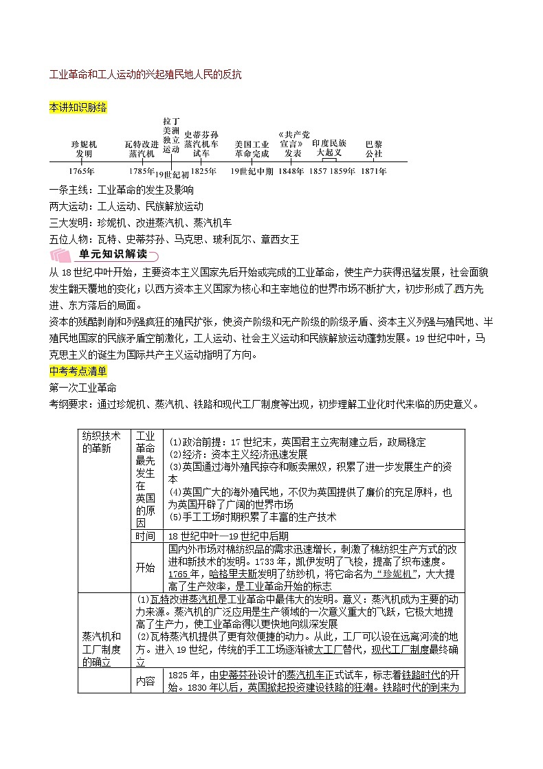 2021年中考历史总复习知识点：模块三世界近代史第17讲《工业革命和工人运动的兴起殖民地人民的反抗》01