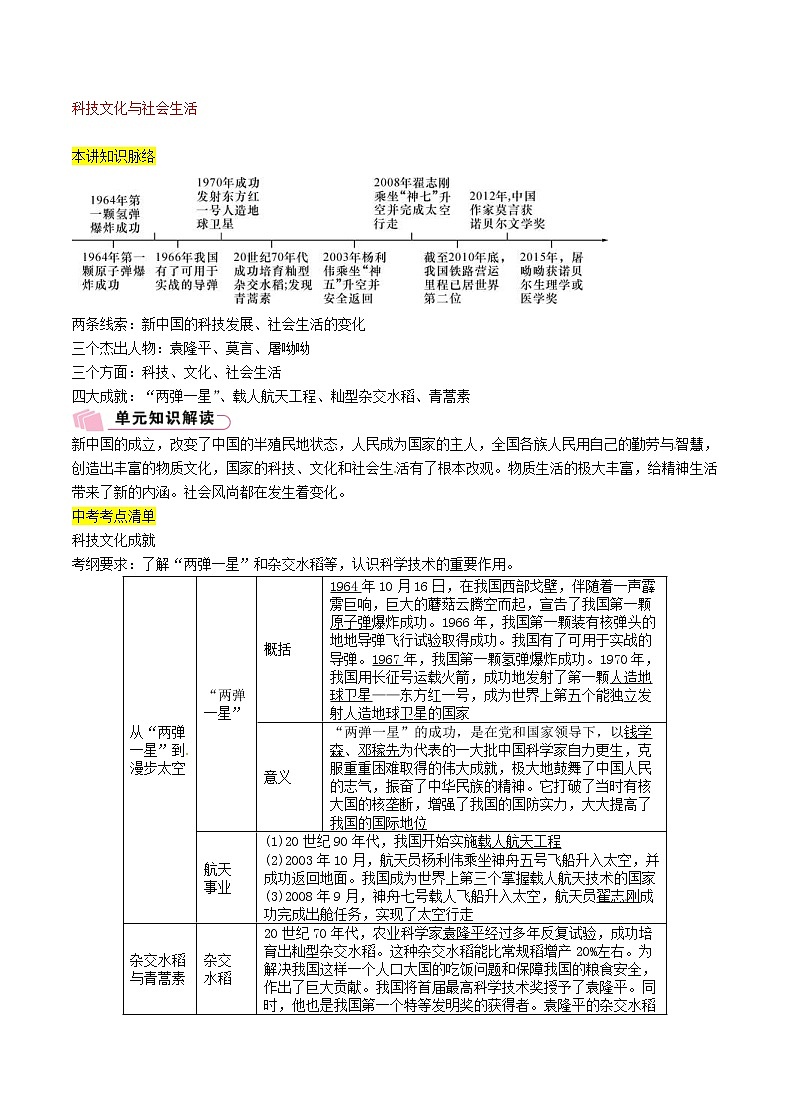 2021年中考历史总复习知识点：模块二中国现代史第14讲《科技文化与社会生活》01
