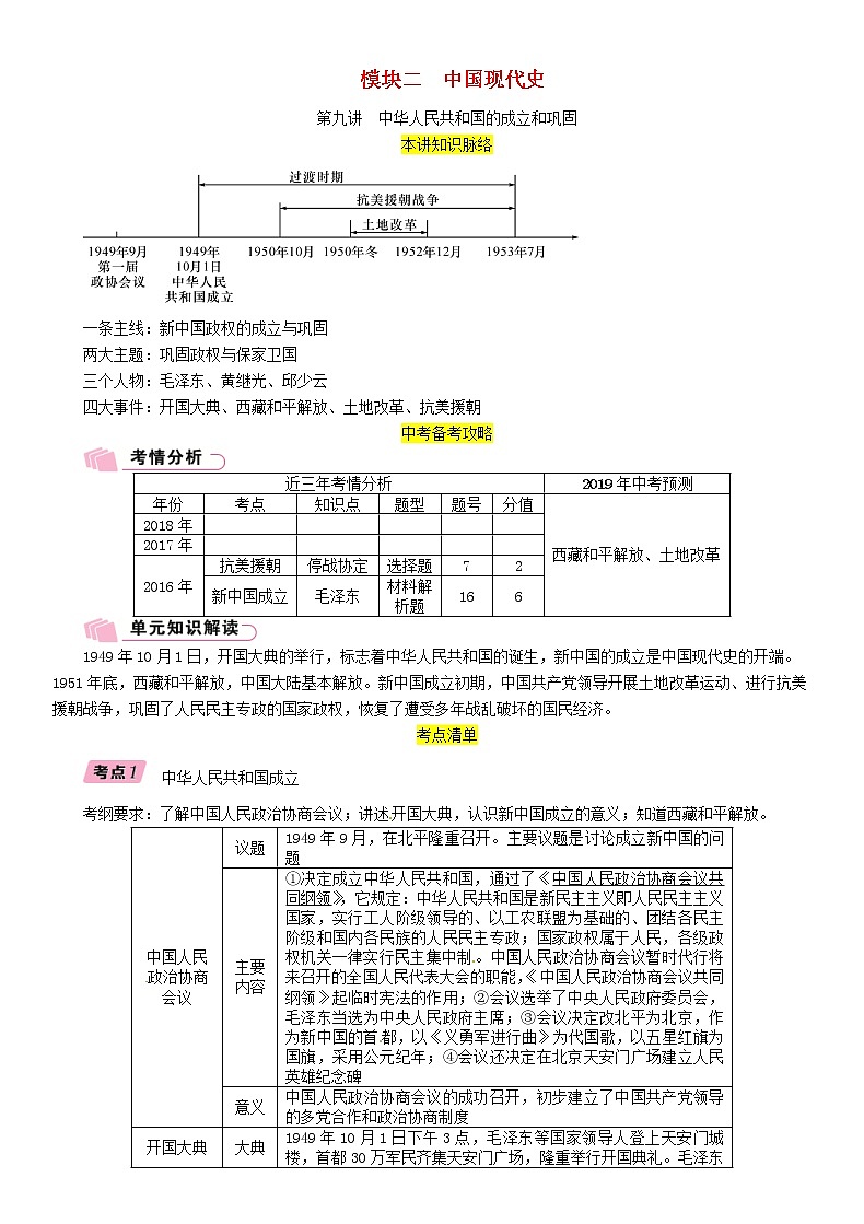 中考历史总复习 模块2中国现代史第9讲《中华人民共和国的成立和巩固》精讲试题（含答案）01