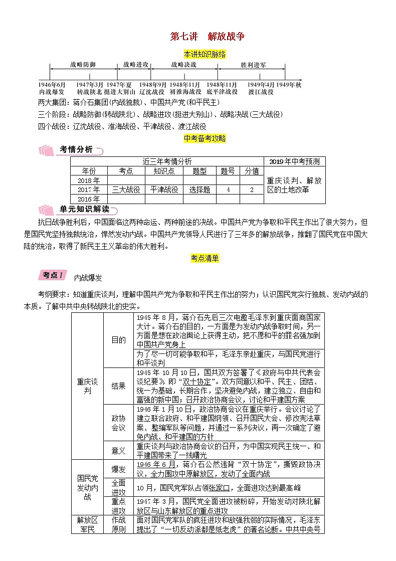 中考历史总复习 模块1中国近代史第7讲《解放战争》精讲试题（含答案）01