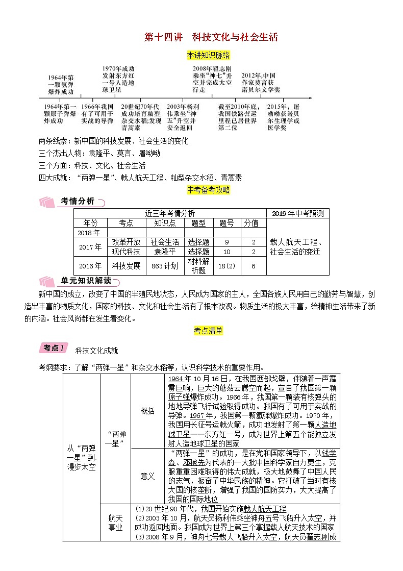 中考历史总复习 模块2中国现代史第14讲《科技文化与社会生活》精讲试题（含答案）01